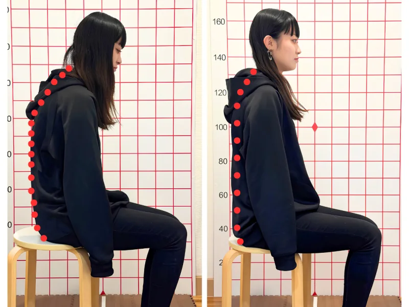 横から見た座位姿勢。背骨のラインに沿って赤い点を打ち、丸まり方を確認した比較